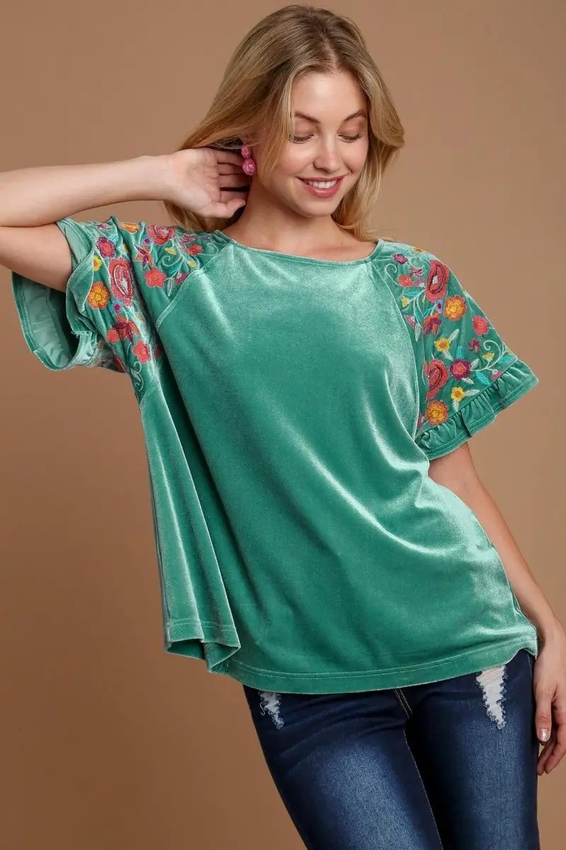 Umgee Velvet Embroidery Short Sleeve Blouse for Women - Love Salve